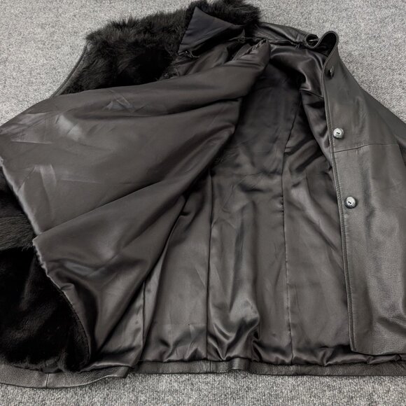 TERRY LEWIS Detachable Coat Women's L Black Leather Faux Fur 2 In 1 Pockets - Picture 11 of 16